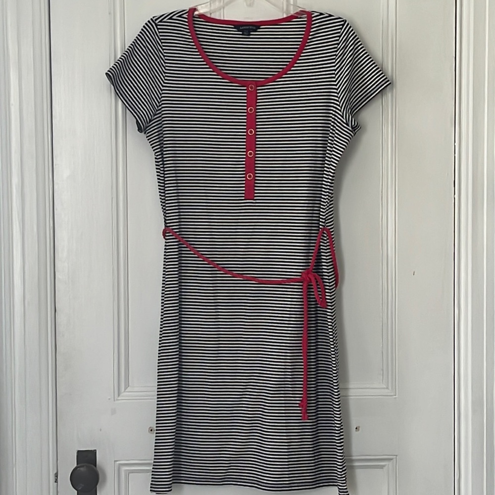 Navy stripes summer dress with red braided belt and one inch slits